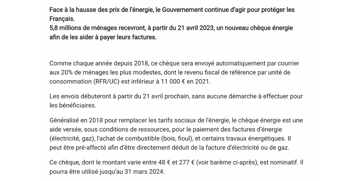 informations cheque energie